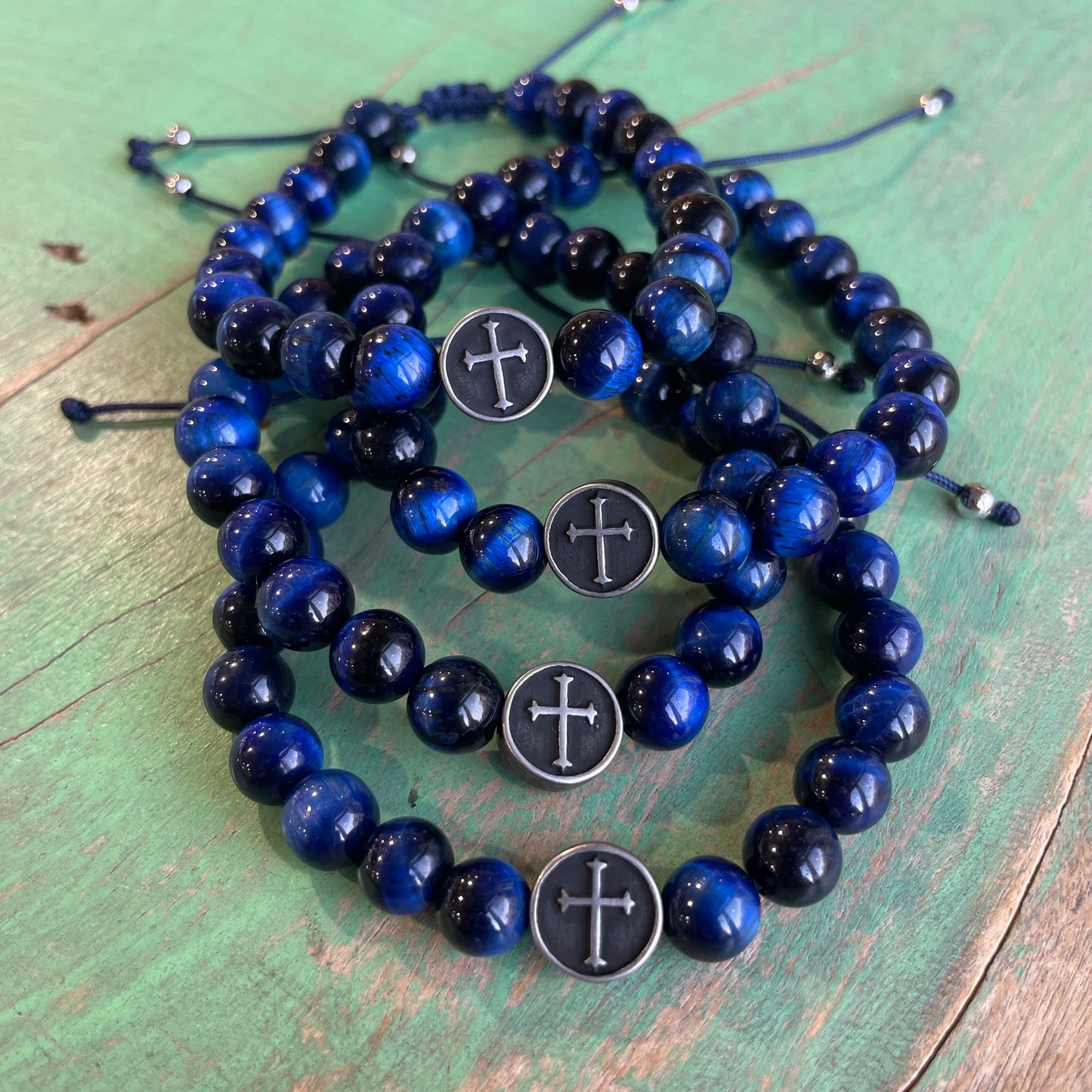 Blue Tiger Eye Bracelet with Cross