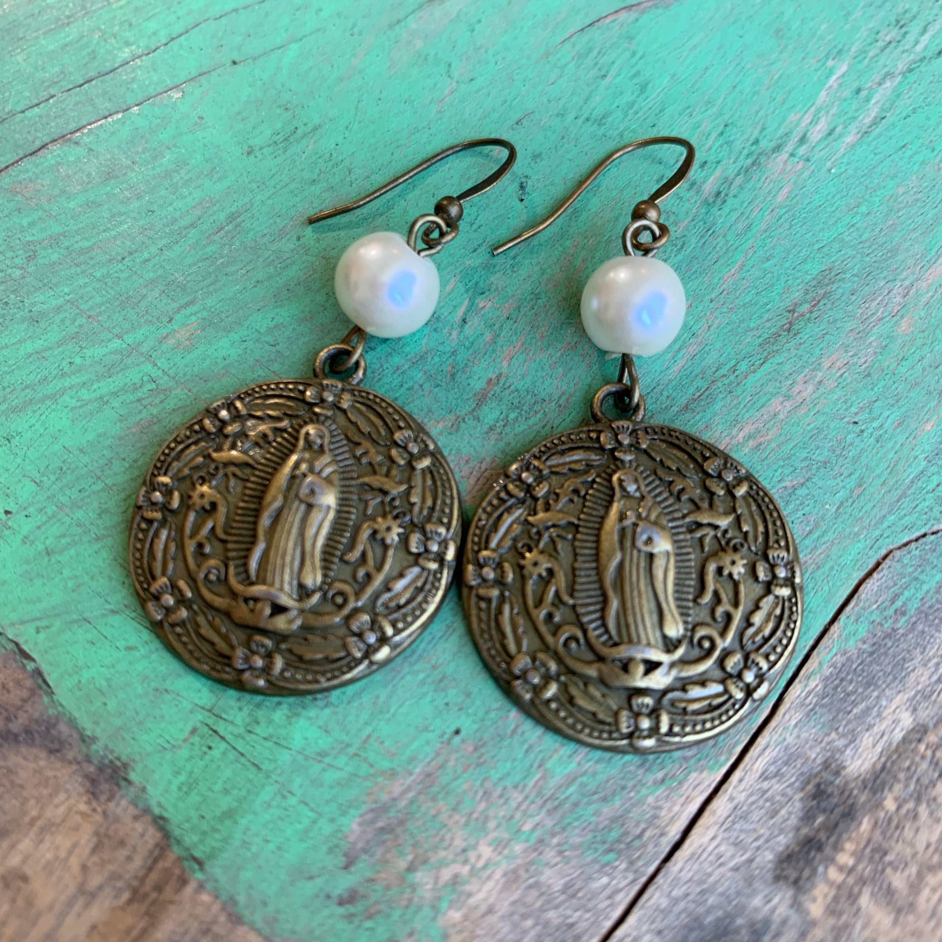 Pearl and bronze earrings