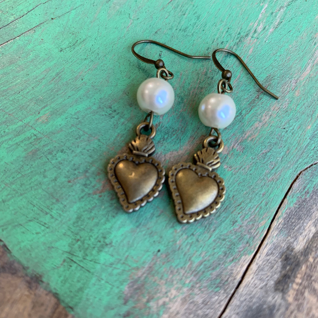 Pearl and bronze earrings