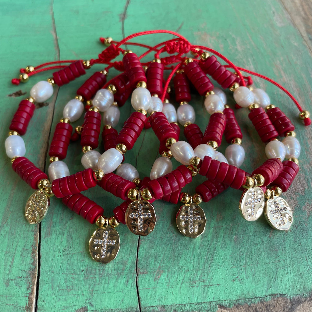 Vibrant Heishi and Pearl Gold Cross Adjustable Bracelet