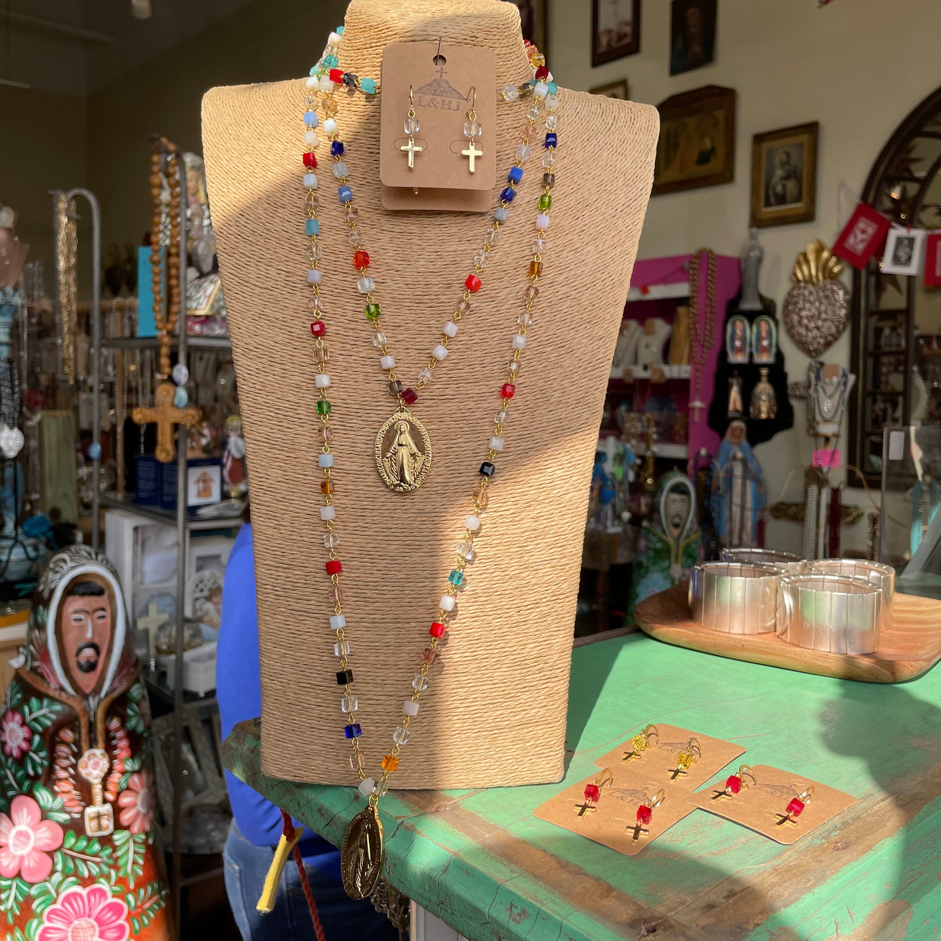 Colorful Square Bead Miraculous Medal Necklace and Earrings