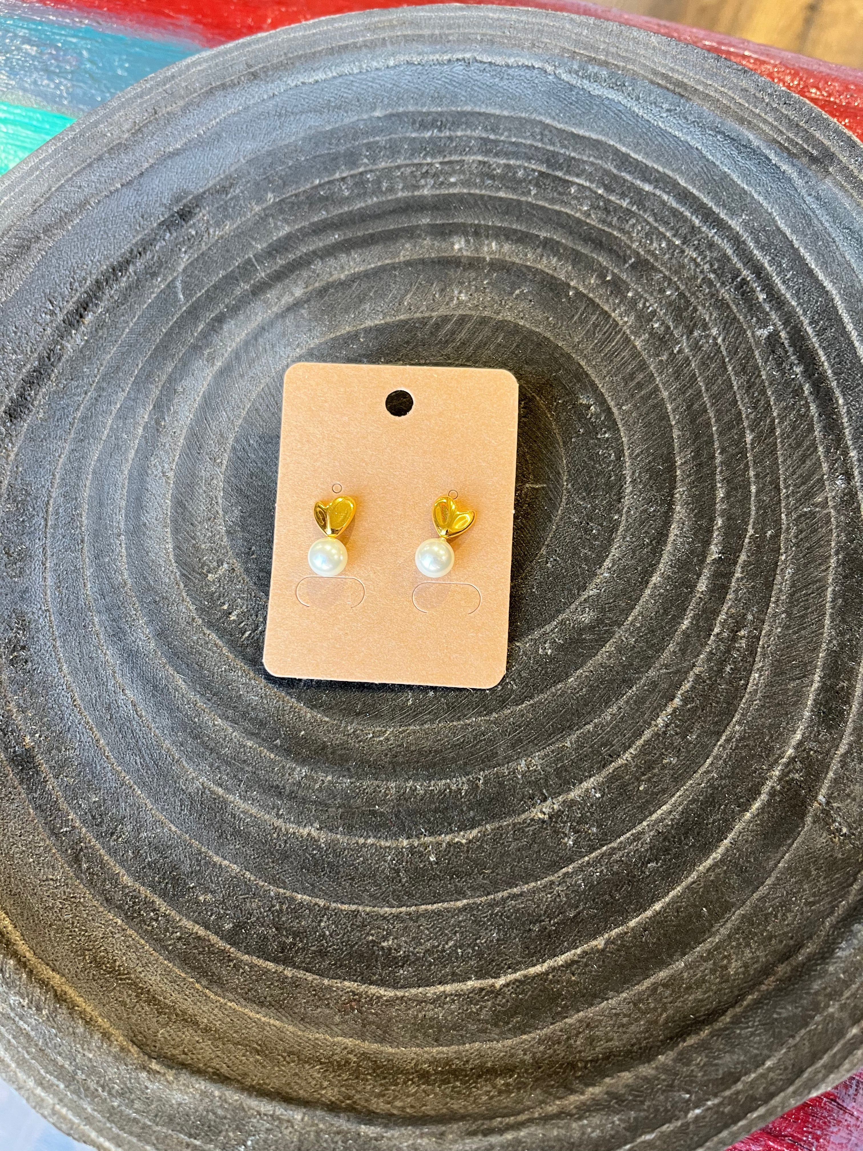 Gold Heart on Pearl Stainless Steel Post Earrings