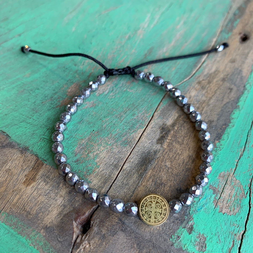 St Benedict and Hematite Cord Bracelet