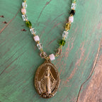 Colorful Square Bead Miraculous Medal Necklace and Earrings