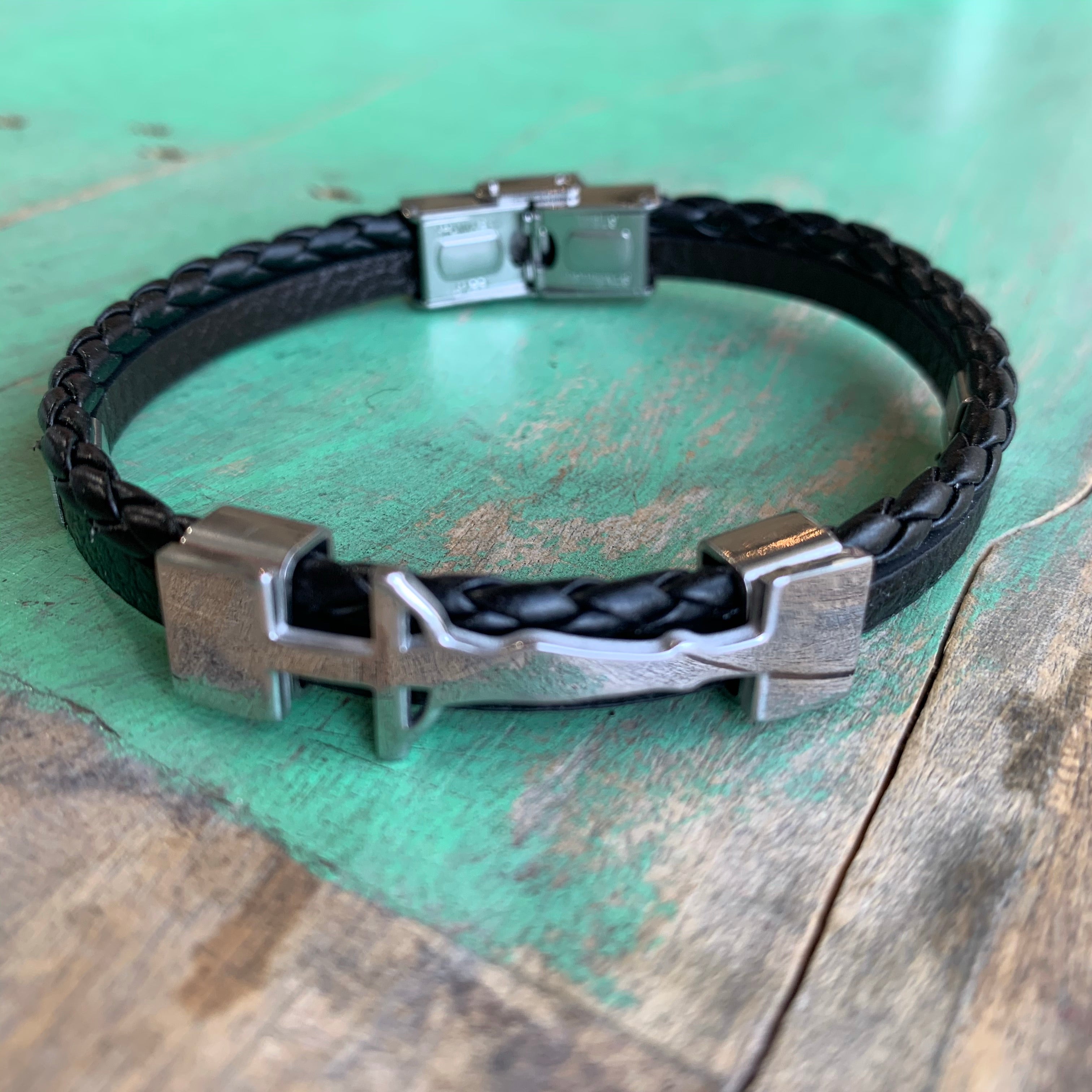 Leather and Stainless Steel Crucifix Bracelet