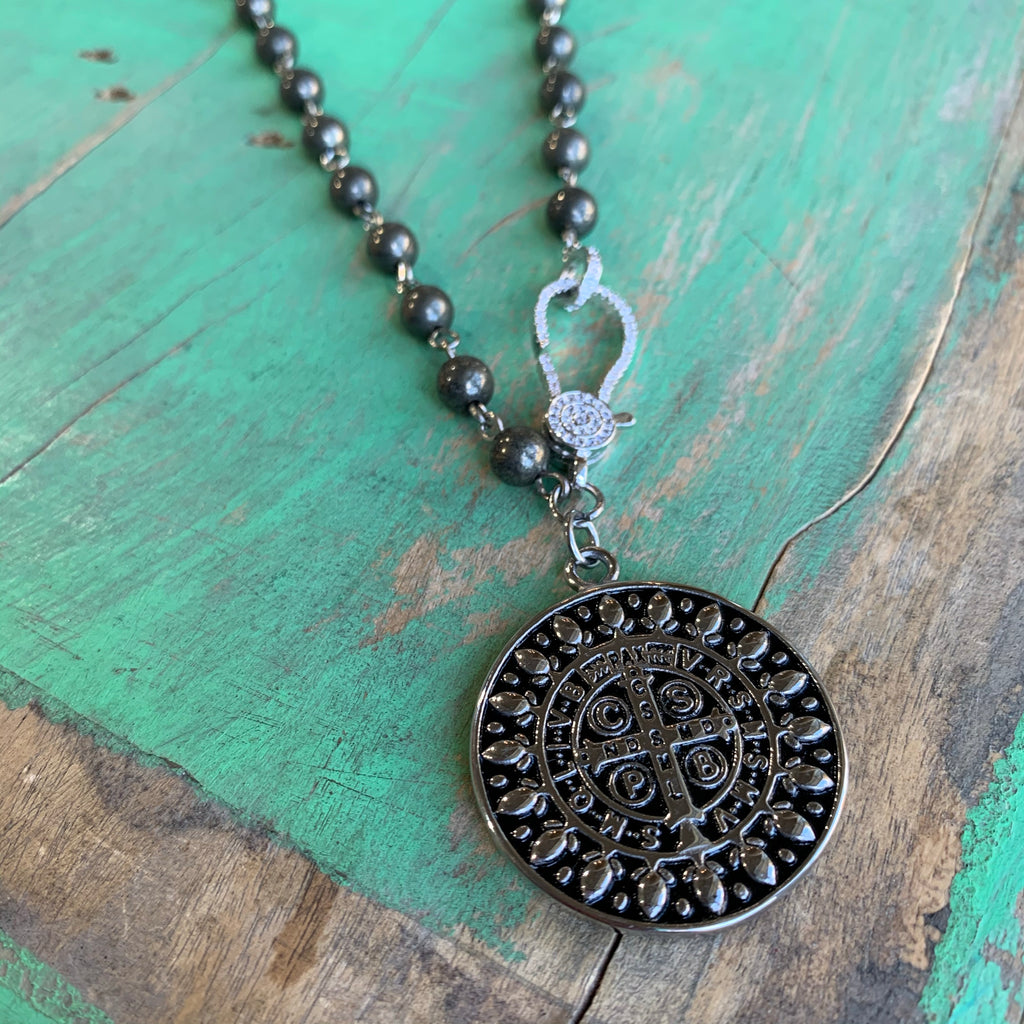 Pyrite St Benedict Clasp Necklace and Earrings