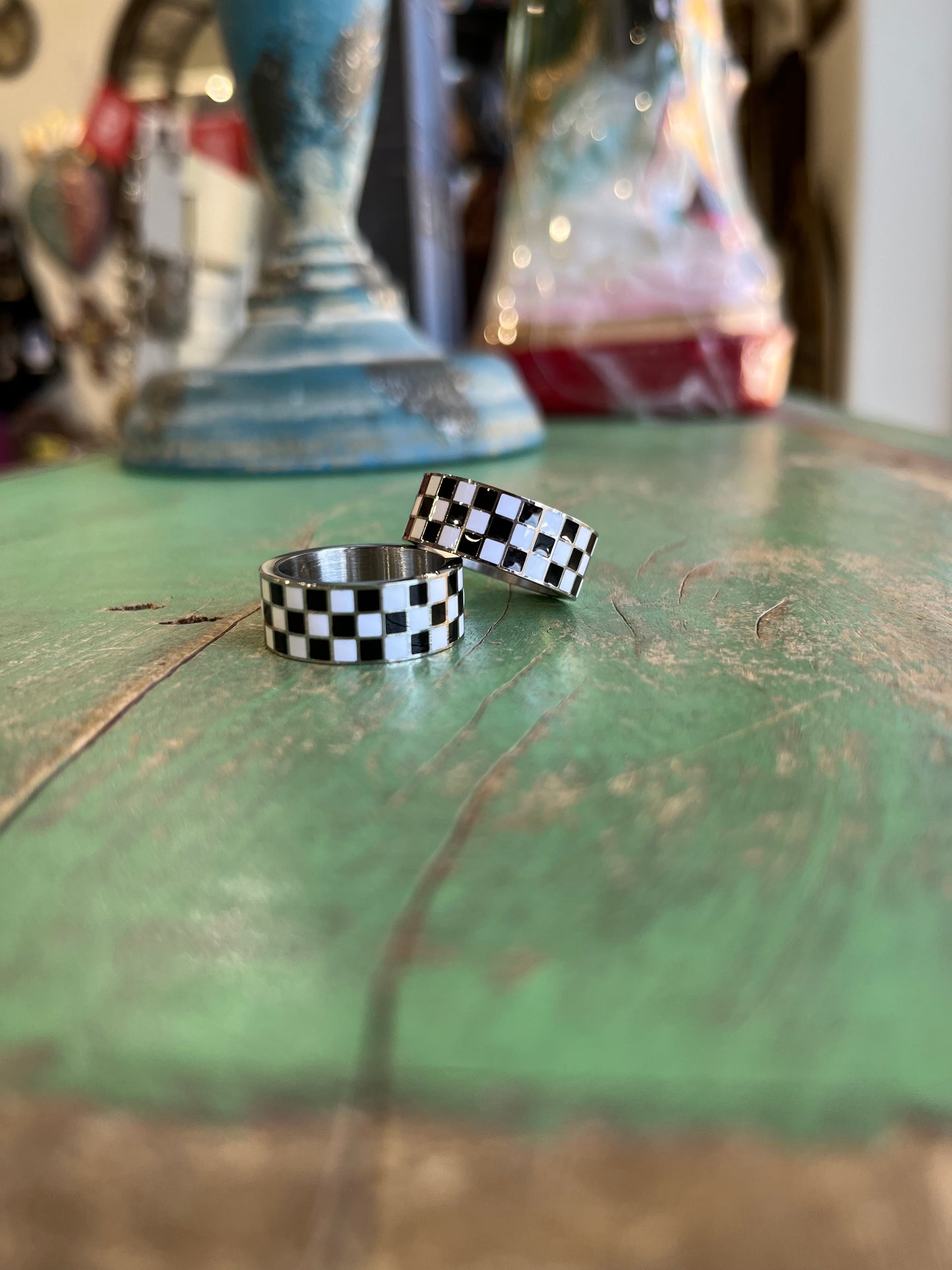 Silver Checkered Stainless Steel Band Ring