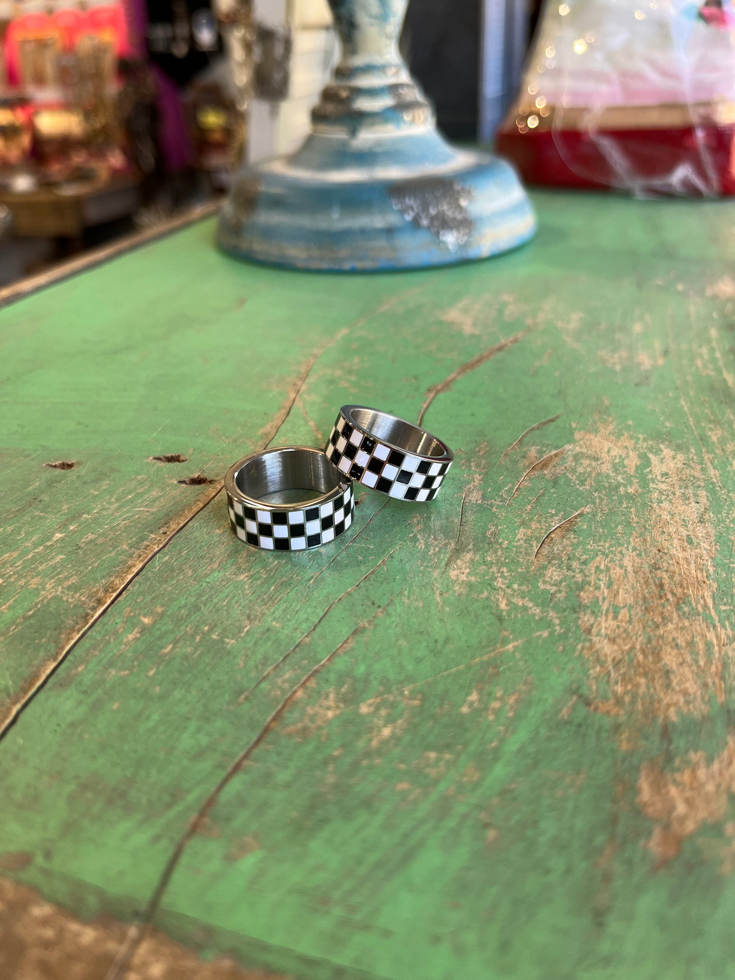 Silver Checkered Stainless Steel Band Ring