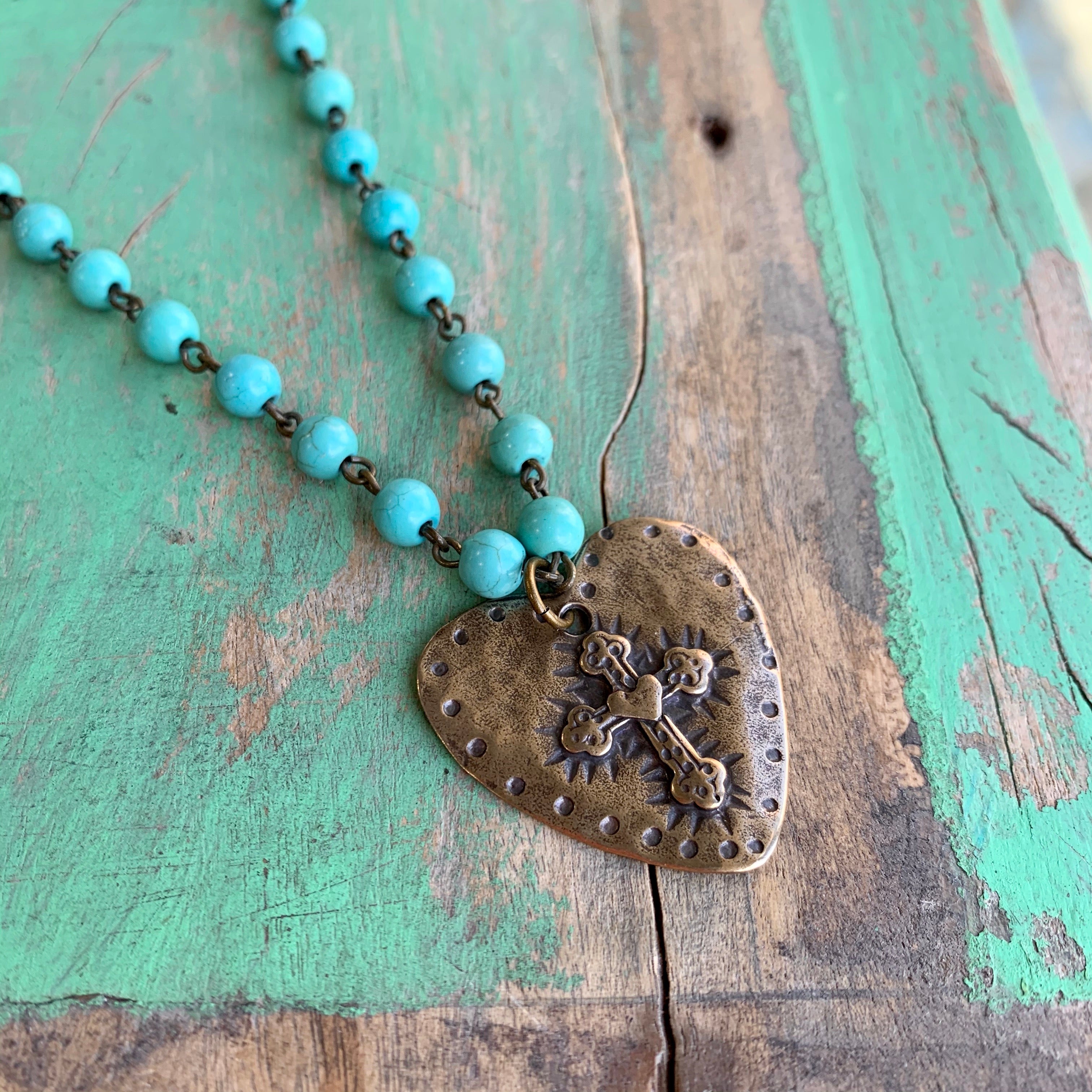 Turquoise and Bronze Heart Necklace and Earrings
