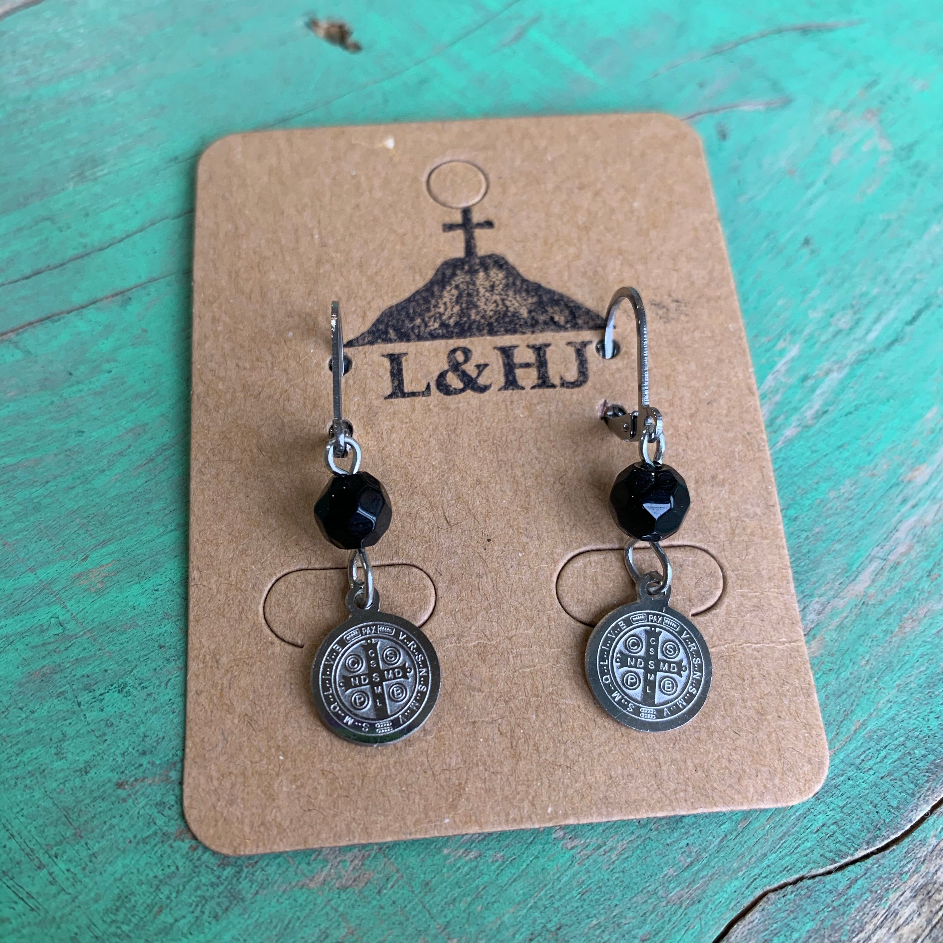 Black and Silver St Benedict Bracelet and Earrings