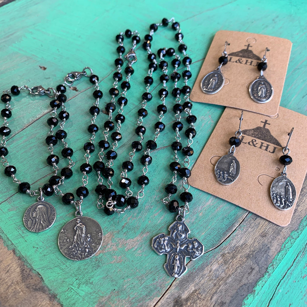 Black and Silver 5 Way Cross Earrings, Bracelet, and Necklace