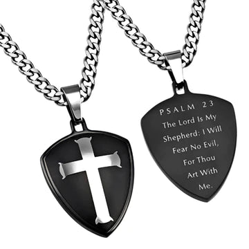 3D Black Conqueror Shield  Cross  24” Necklace