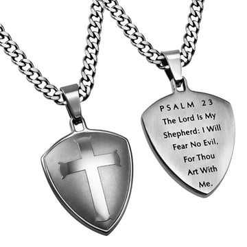 Silver Shield Cross Psalm 144:1 Necklace