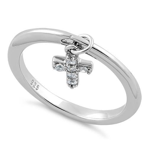 Sterling Silver CZ Dangle Cross Ring