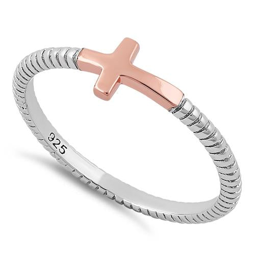 Sterling Silver Rose Gold Sideways Cross Ring